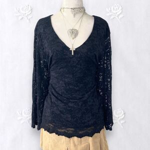 Early 2000's Black Goth Whimsygoth Lace Sheer 3/4 Sleeve Blouse Top 1X Plus Size